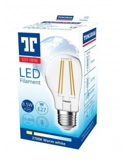 TUNGSRAM E27 LED izzó 8,5W (~60W helyett) közepes fényerő melegfehér 2700K  1055lm átlátszó üveg 827 A60 dekor 93118105