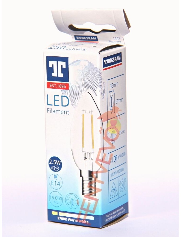 TUNGSRAM E14 LED izzó 2,5W (~15W helyett) visszafogott fényerő melegfehér 2700K  300lm átlátszó üveg 827 Candle dekor 93118061