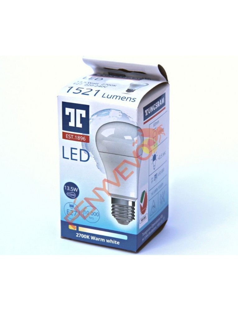 TUNGSRAM E27 LED izzó 13,5W (~90W helyett) nagy fényerő melegfehér 2700K  1521lm tejüveg 827 A60 ECO 93104796